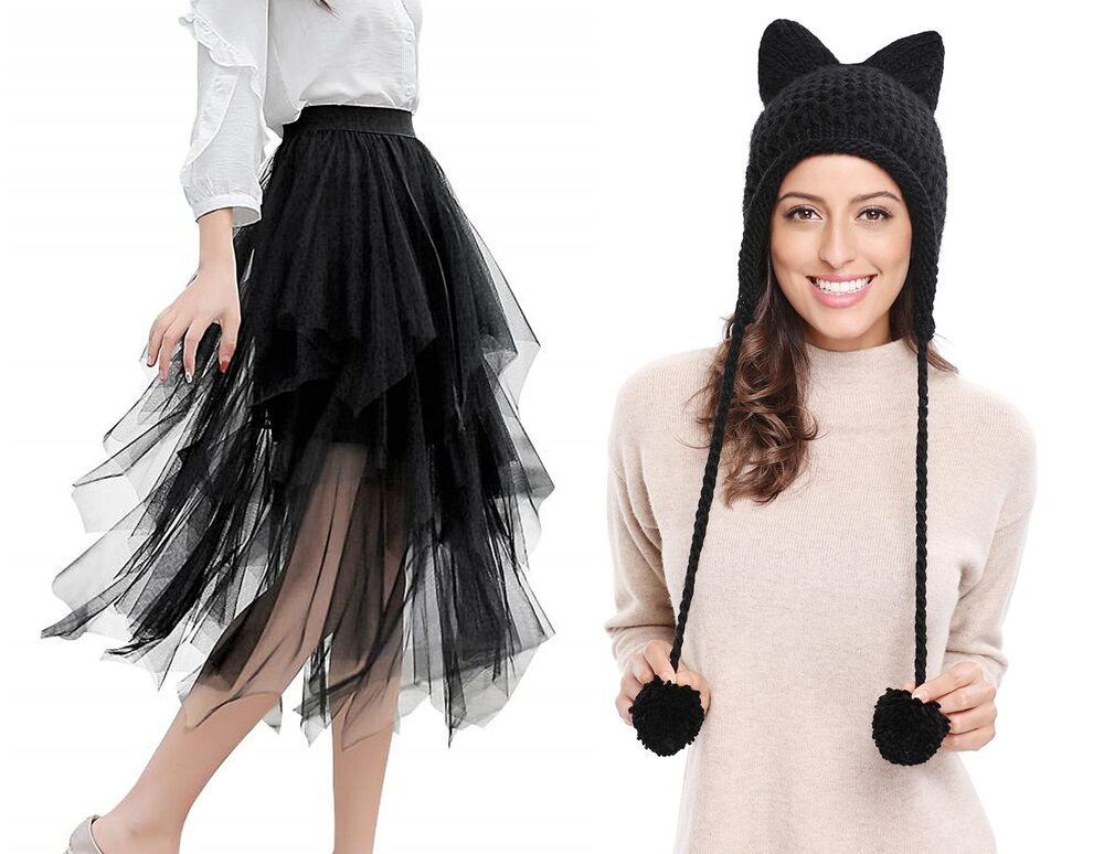 9607 Cat Ears Knit Hat & Tulle Skirt Set - Black